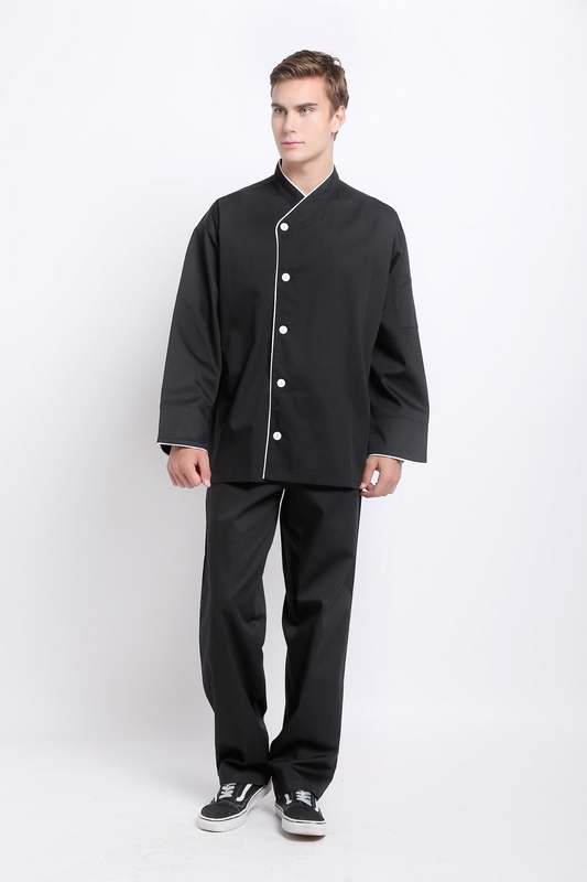 240 GSM Polyester 65% Cotton 35% Long Sleeve Feed Off Arm Black Chef Coat