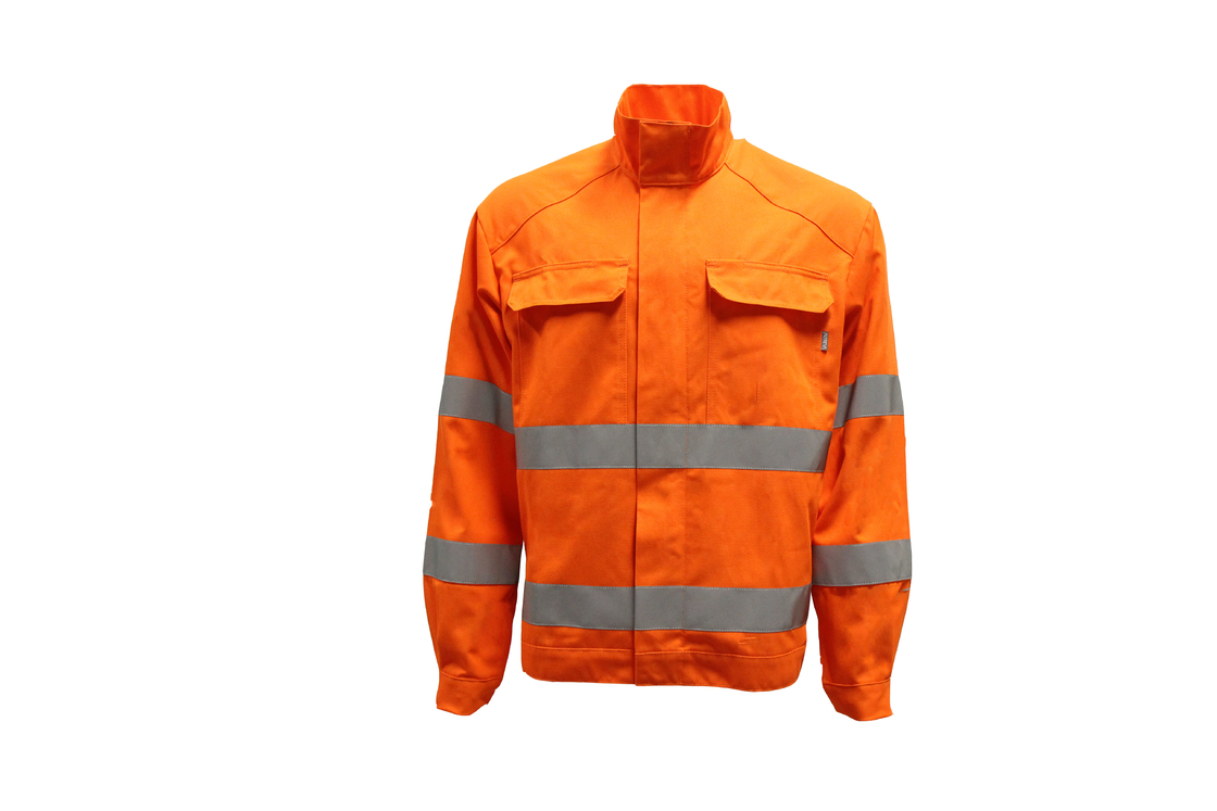 CVC 55% Cotton 45% Polyester 245GSM Orange Jacket With Reflective Strip Two Flap Pockets